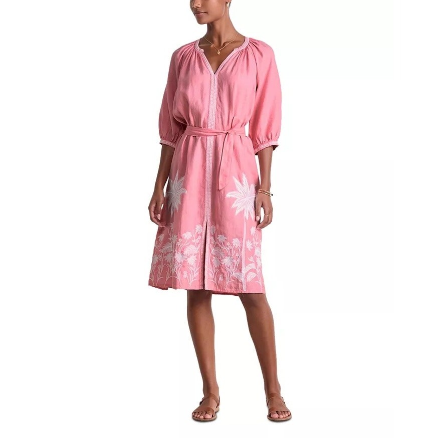 Vineyard Vines Women Linen Pink Embroidered Beachwear Midi Cover-Up Dress Size M