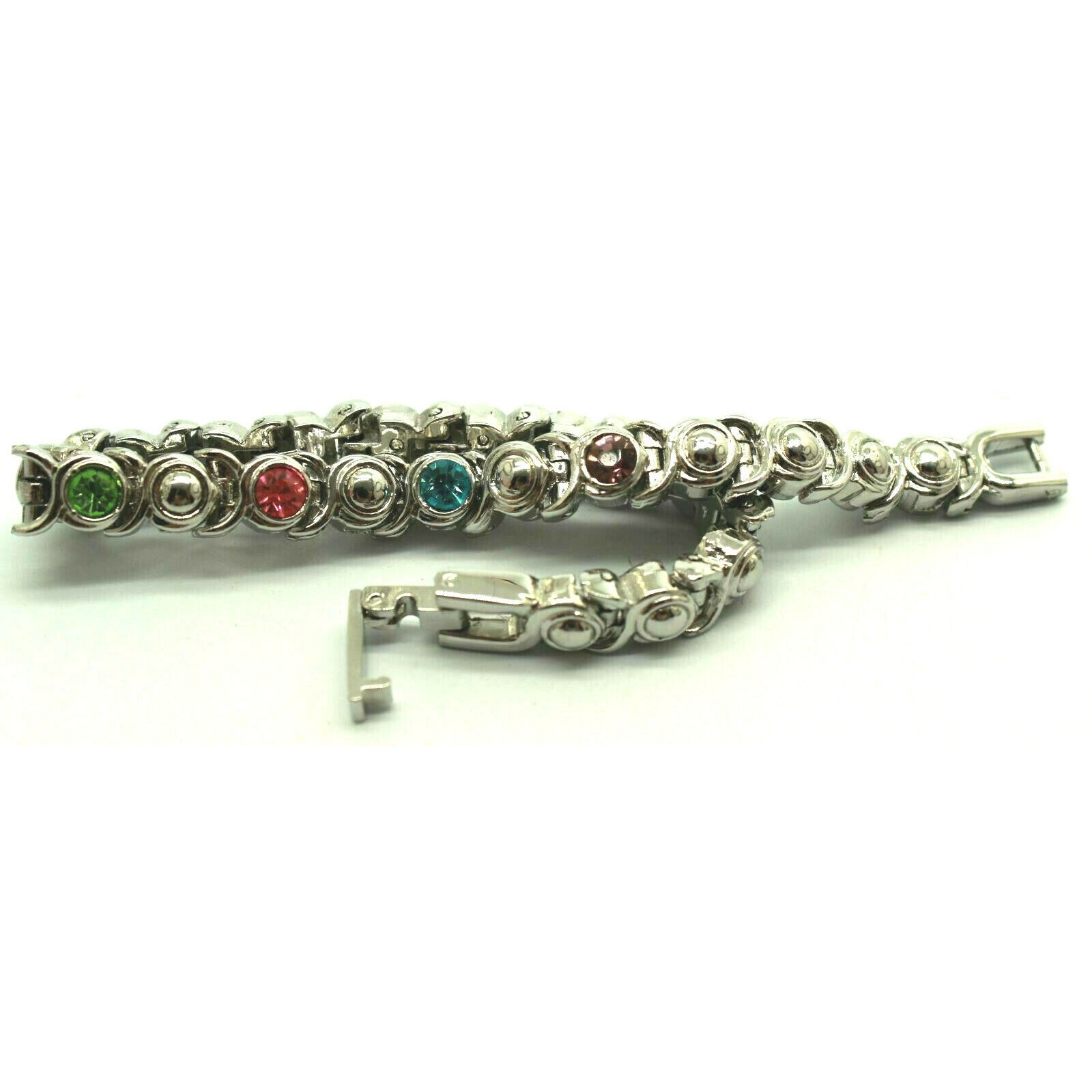 Silvertone Multi Colored Rhinestone Link Bracelet… - image 2