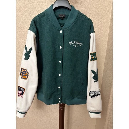 Playboy by PacSun Mens Green Wool Blend Patch Varsity Bomber Jacket Large - product listing photo