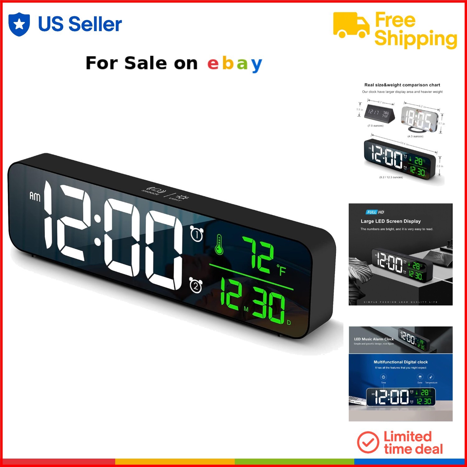 Large LED Digital Wall Clock with Alarm, Temperature & Date Display for Room Decor
