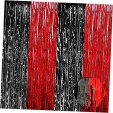 6 Pack Foil Fringe Curtain Backdrop, 3.28Ft x 8.2Ft Metallic Tinsel Black Red