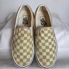 Vans Classic Slip-On Checkerboard Khaki Cream Canvas Sneakers Mens 5 Wmns 6.5