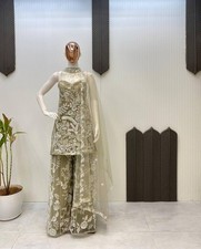 New Fashionable Butterfly Net Top Palazzo And Olive Green Dupatta For Reception