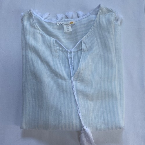 C&C California Linen Blend Lightweight Tunic Top Coverup M White Blue - Picture 8 of 8