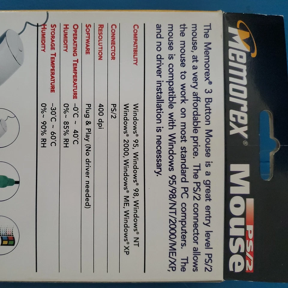 Memorex PS/2 Mouse, PC - Windows, 3 Button, 400 dpi, Plug & Play, NEW in Box - Image 4 of 4