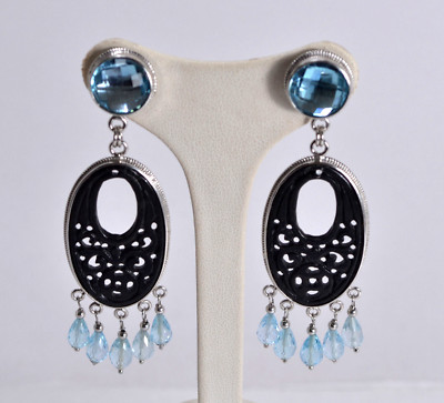 OHRRINGE SILBER 925 OVAL SCHWARZE JADE UND BLAUTOPAS ANHÄNGER AGHT 0856