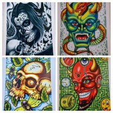 Tattoo Inspired Art Prints Set of 4 Original Art Flash Skull Devil 10" x 14"