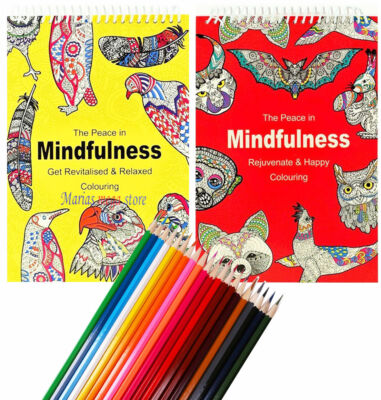 2 X 96 PAGE COLOUR Therapy Spiral Colouring Books + 20 COLOURING PENCILS