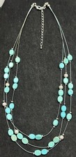 Silvertone Turquoise Blue Silver - Multi Strand Wire Beaded Necklace 22  Adj