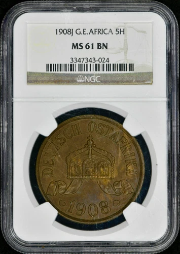 1908 J German East Africa 5 Heller NGC-MS61 BN