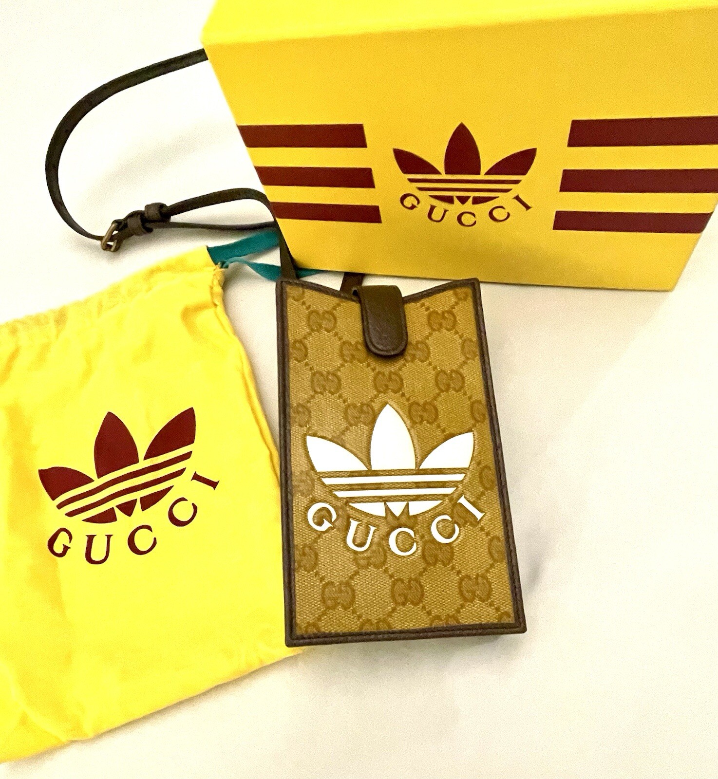 Gucci X Adidas Beige Brown Gold Canvas GG Phone Case Crossbody Strap Limited Ed