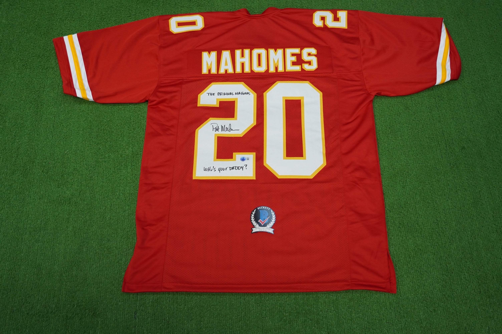 PAT PATRICK MAHOMES SR SIGNED JERSEY KC CHIEFS w/The OG Who'sYourDaddy BAS 