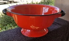 Vtg MCM 60s Huta Silesia Orange Black Enamel Enamelware Colander Strainer Poland