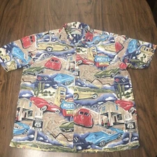 Vtg PARADISE FOUND Hawaiian Shirt Mens M Route 66 Corvette Stingray Made Hawaii