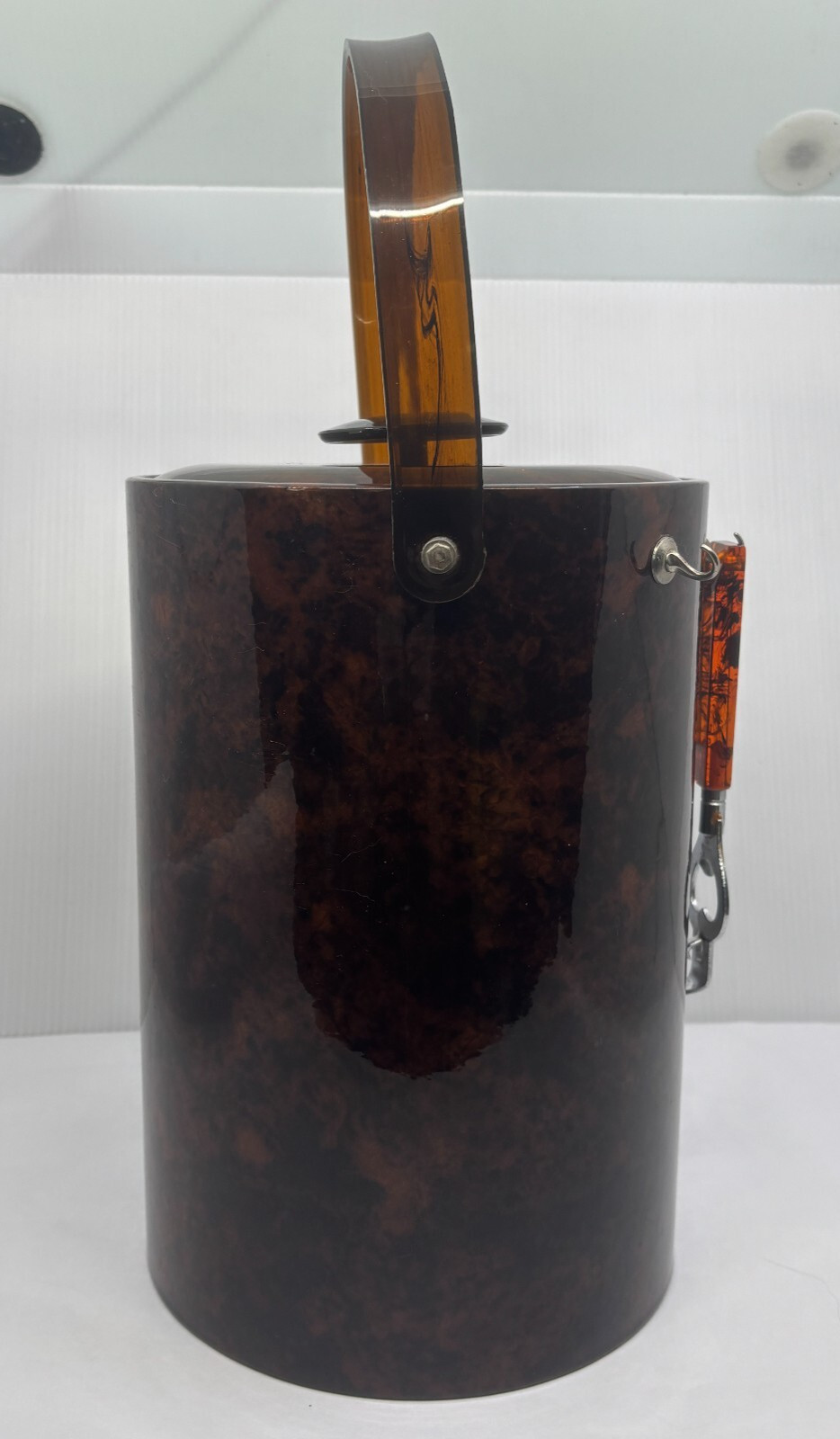 VTG 1950s-60s GeorgesBriard Ice Bucket Faux Tortoise Lucite Handle Lid Bar Tools