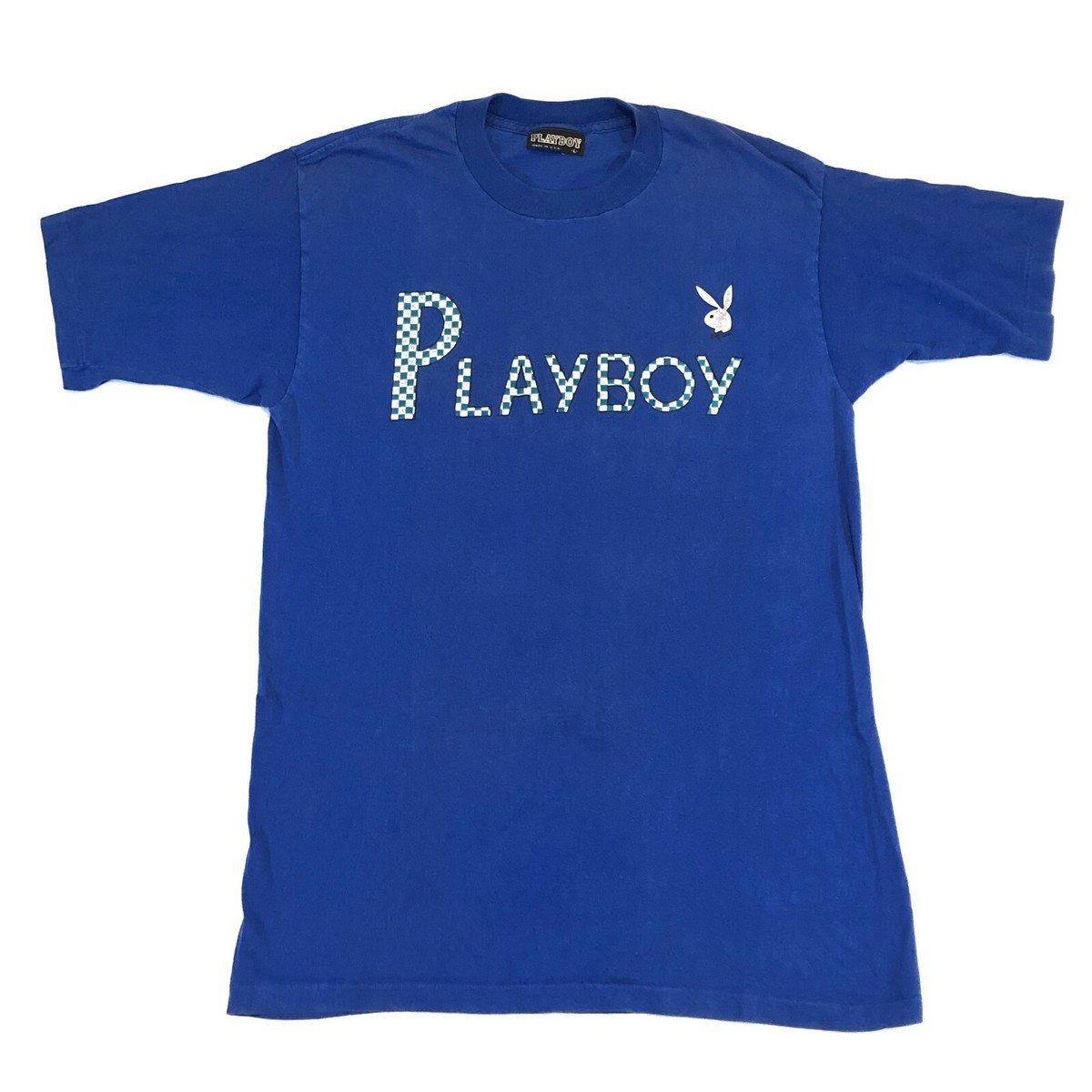 Vintage Playboy T-shirt Slim Fit Single Stitch Blue Check Bunny