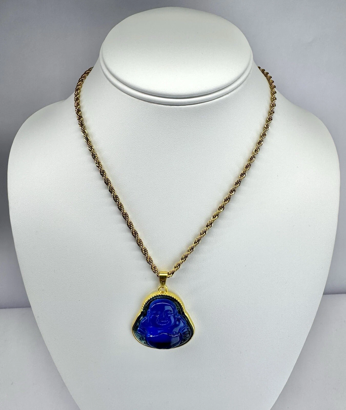 Royal Blue Iced Buddha Pendant Stainless Steel Rope Chain Necklace Jewelry N3