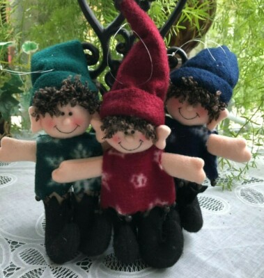 DELTON - SET OF 3 PLUSH ELF CHRISTMAS ORNAMENTS - GREEN/RED/BLUE