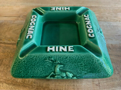 Rare Vintage HINE COGNAC Ashtray (Green w/ white lettering) & Deer Advertising