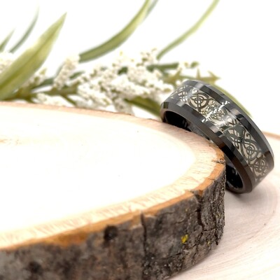 8mm Black Tungsten Christmas Band White Rotatable Dragon Celtic Knot Inlay Ring