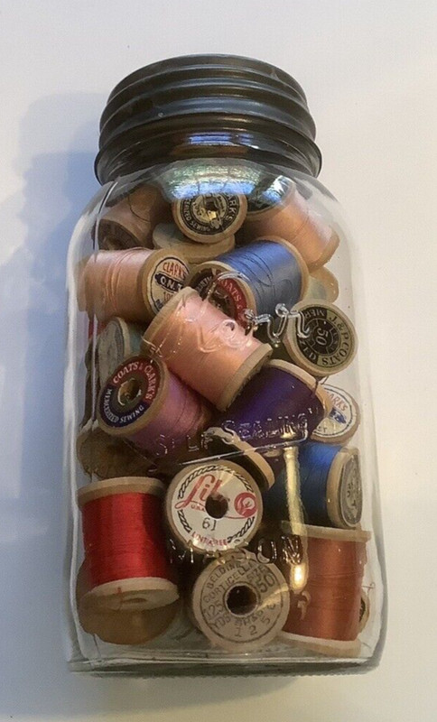 Kerr Mason Vintage Quart Clear Canning Jar with Wood Thread Spools/Ball Zinc Lid