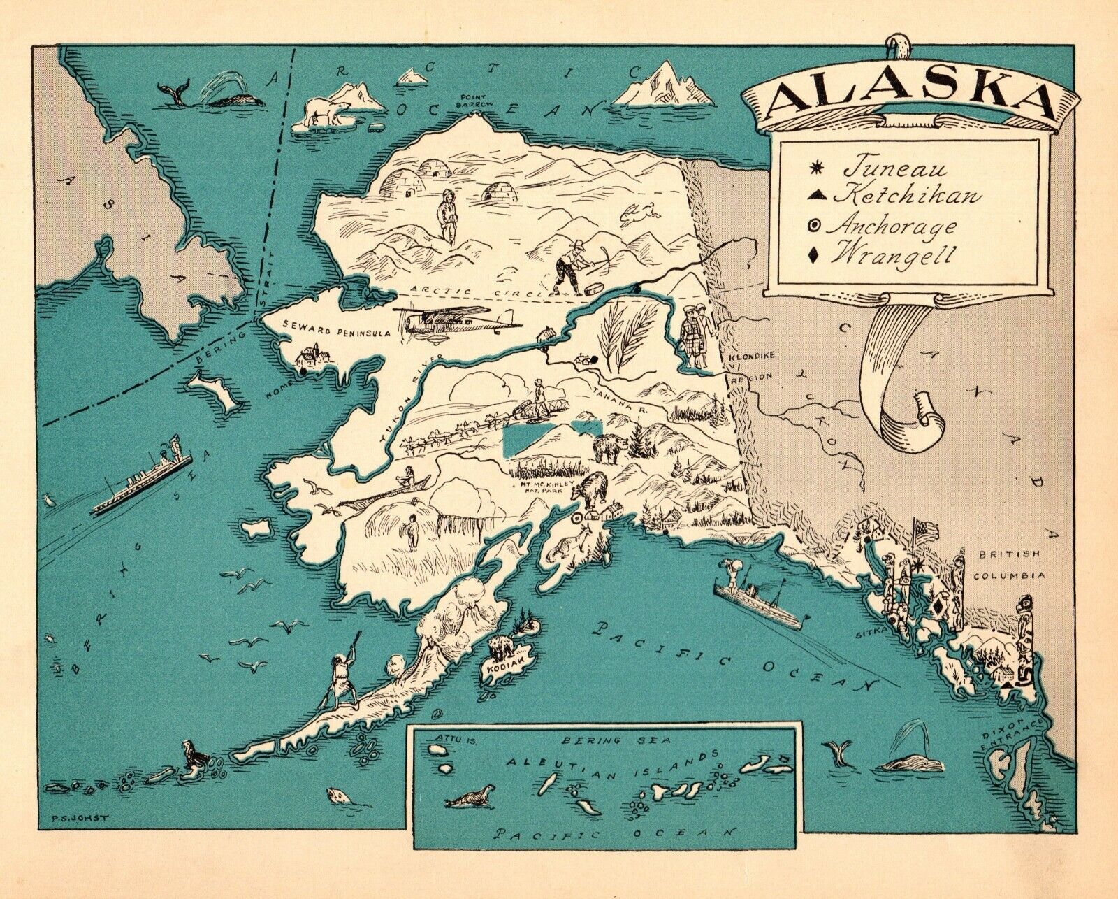 1932 Antique Animated ALASKA State Map RARE Picture Map of Alaska BLU 7294