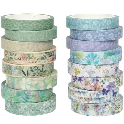 Yubx Spring Green Masking Tape 16-Piece Set - Washi Paper Tape, Floral & Leaf D_