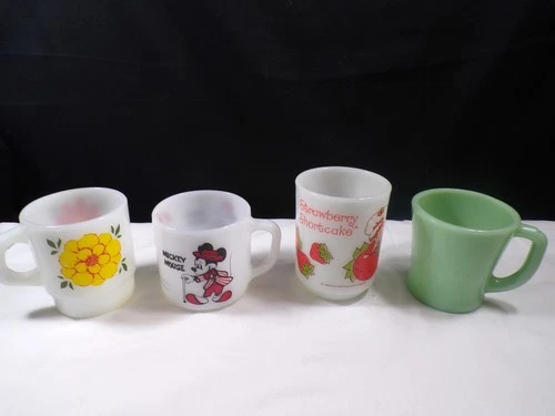 4 MCM Glass Coffee Mugs Fire King Jadeite Mickey Mouse Strawberry Shortcake