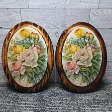 Vtg Oval Rose Wall Art Decor Shabby Chic Cottagecore Floral Decor Set of 2 Pink