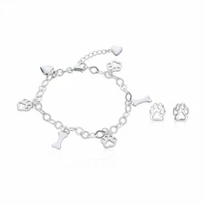 Pet Lover BFF Multi-Charm Bracelet & Paw Print Stud Earrings Set Sterling Silver
