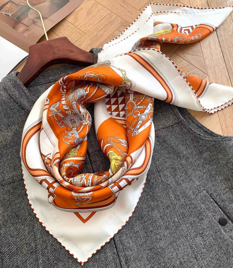 Pure 18 Momme Twill Silk Bandanna Scarf Wrap Saddle Print Square Shawl 90X90cm