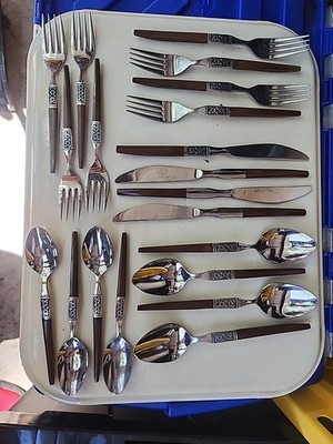 20 EKCO ETERNA La Joya MCM Flatware JAPAN Faux Wood Stainless Steel FORKS SPOONS