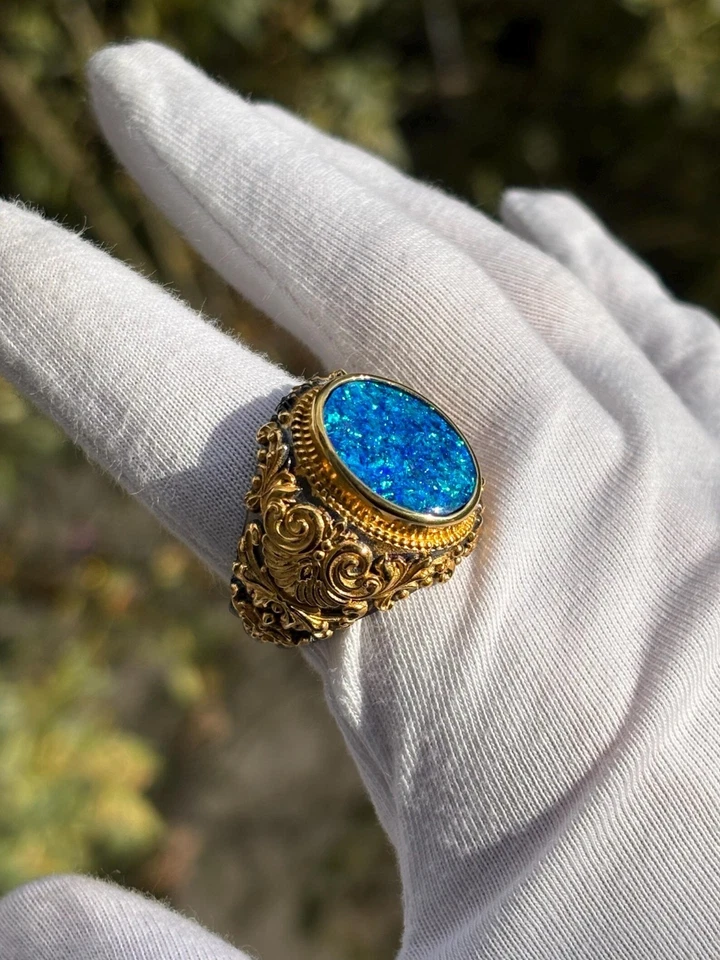 Opal 925 Sterling Silver Men’s Ring, Bold Vintage Style, Blue Opal Signet Ring - Image 2 of 4