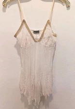 Vtg Y2K Wet Seal L Camisole Top Ivory Pleats Gold Trim Fairy Whimsical Asymetric