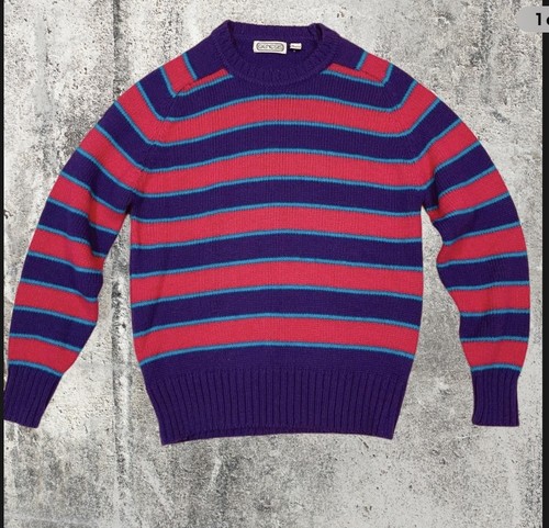 Vintage 80s Genesis Striped Knit Sweater Purple Blue Pink Crewneck Retro
