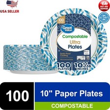 10 Inch Disposable Paper Plates 100 Count Microwave Safe Compostable Heavy Duty