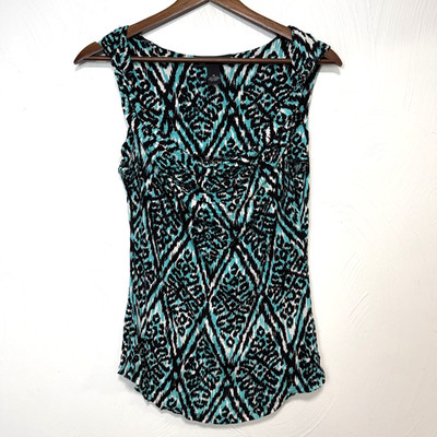 INC International Concepts Women's Tribal Print Teal Sleeveless Ruched Blouse Md