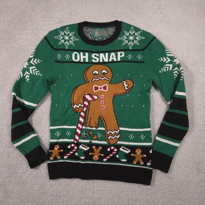 Ugly Christmas Sweater Mens Small Green Gingerbread Oh Snap Bite Me Funny Xmas