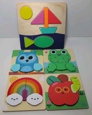 5 Wooden Animal & Object Chunky Block Puzzle Set for Toddlers