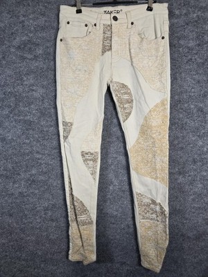 TAKER Jeans Mens 32x32 Beige Cream Patchwork Skinny Stretch Distressed Pants