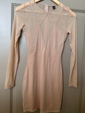 Windsor Beige Mesh Long Sleeve Sheer Bodycon Short Dress Crew Neck Zip Small