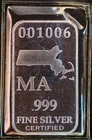 Massachusetts Certified Mint State Serial Bullion-999 Silver 1 Oz Ounce Art Bar