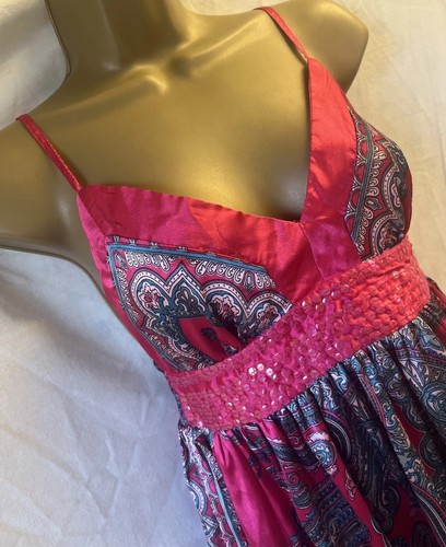Hot Pink Satin Paisley Strappy Sequin Sze Small Camisole Babydoll Summer Y2K Top - Picture 4 of 18