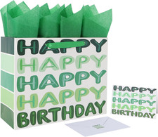 13'' Large Green Happy Birthday Gift Bag Set with Handles, Greeting Card, Tissue