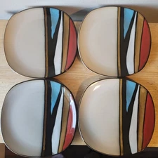 Gibson Elite Althea Red Teal Stoneware Square Dinner Plate Set of 4 