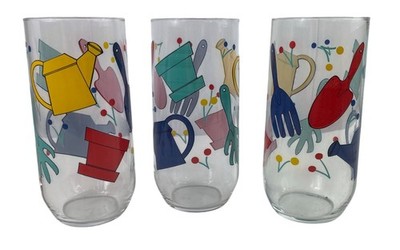 Luminarc Vintage Gardening Tools Glass Tumblers Set of 3 Colorful