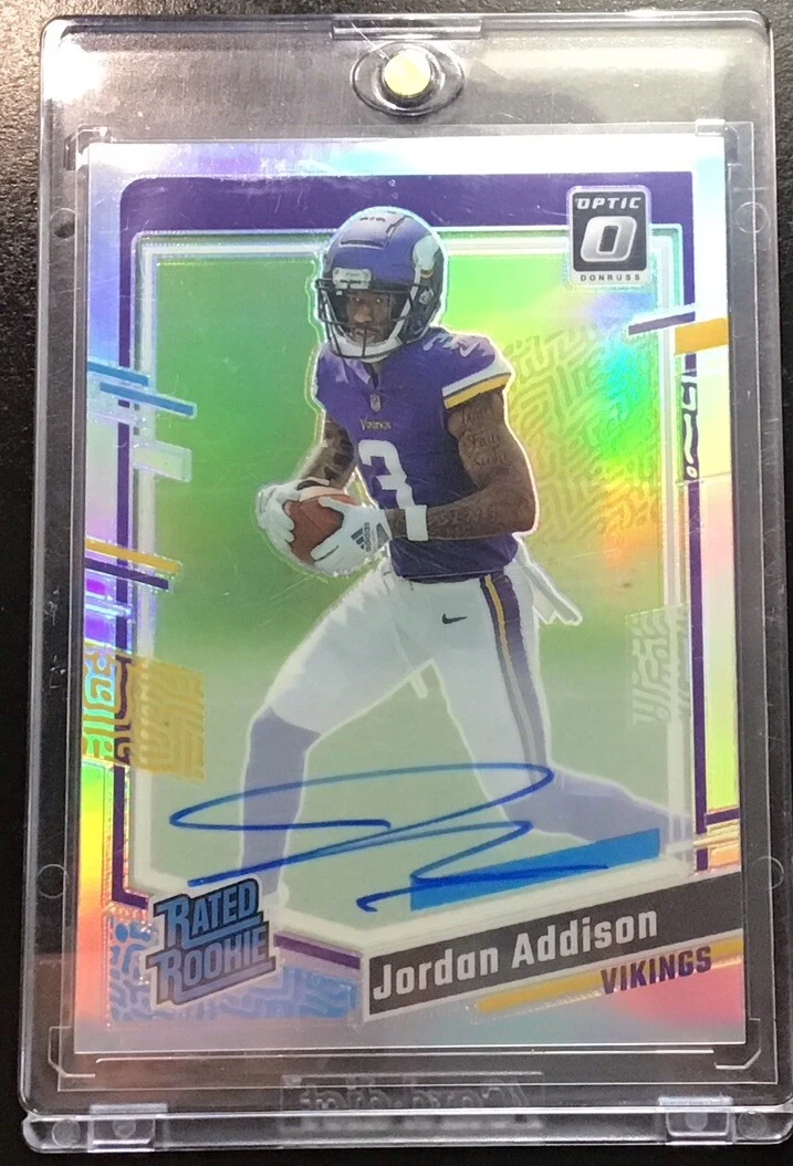 🔥2023 Panini Donruss Optic Jordan Addison RC Rated Rookie Holo Auto Vikings /75