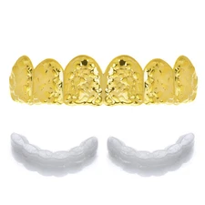 Mens Gold Plated Nugget Top Teeth Grillz + 1 Extra Molding Hip Hop Bling L616 G