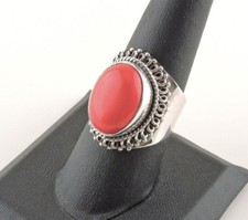 Sterling Silver 8 ct Oval Red Coral Tapered Wide Band Ring