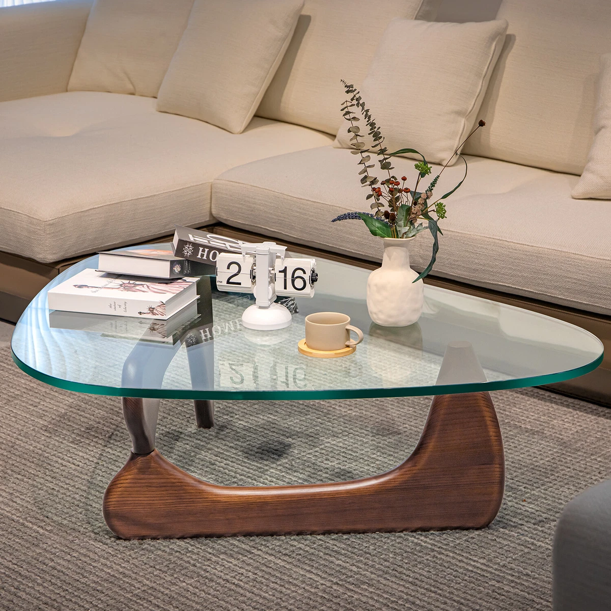 Mid Century Noguchi Coffee Table 0.75in Triangle Glass Walnut Solid Wood Base